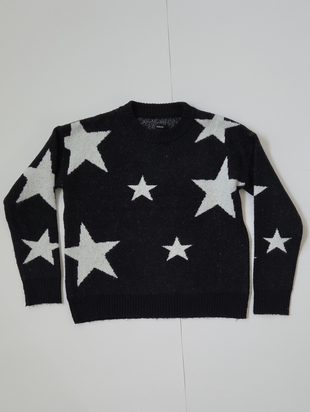Aqua Black Crewneck Sweater with White Star Print
